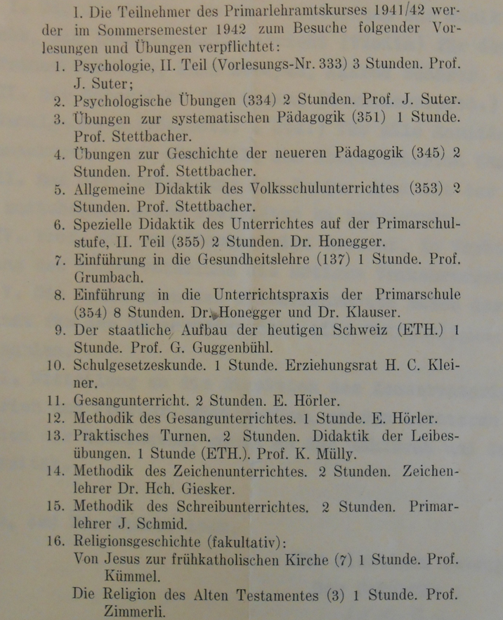 Abb. 3: Stundentafel der Primarlehrer/innenausbildung an der Universität Zürich im Jahr 1942 (StAZH Z.70.73, Protokoll des Erziehungsrates, 31.3.1942).